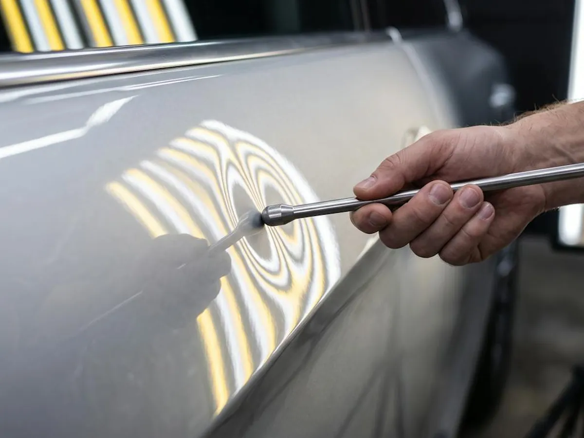 Delle im Autoblech wird mit Spezialwerkzeug ausgebeult